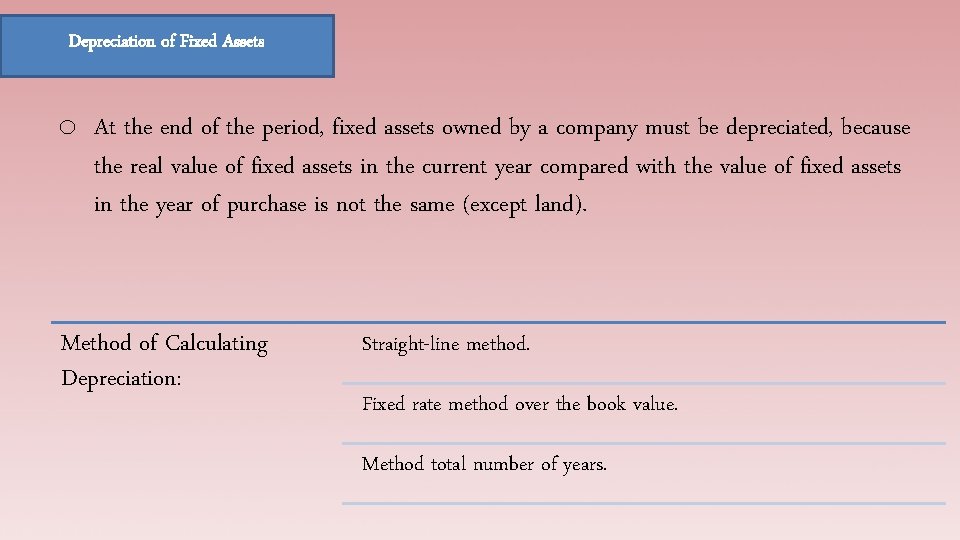 Depreciation of Fixed Assets o At the end of the period, fixed assets owned