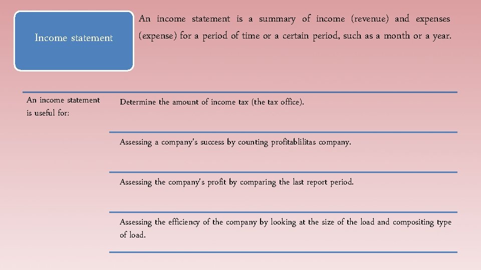 Income statement An income statement is useful for: An income statement is a summary