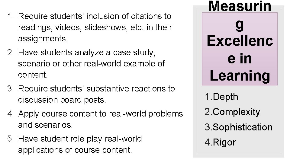 1. Require students’ inclusion of citations to readings, videos, slideshows, etc. in their assignments.