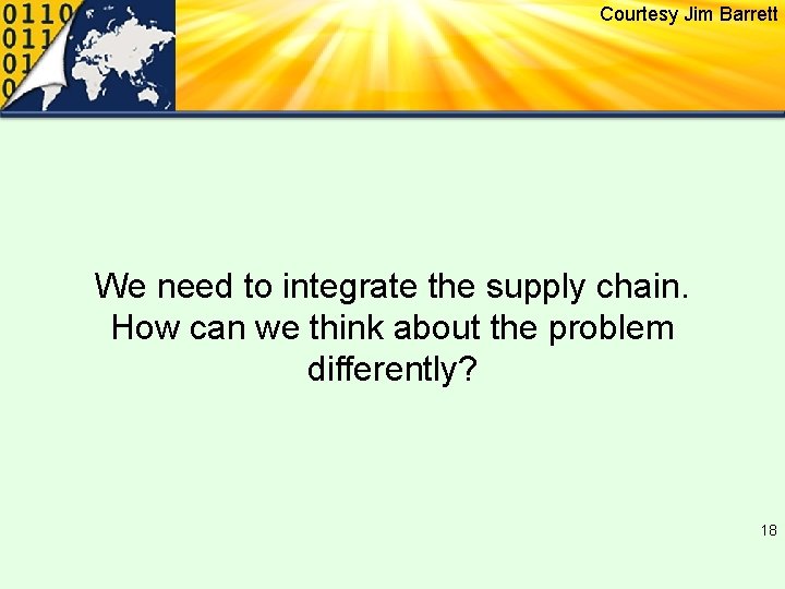 Courtesy Jim Barrett We need to integrate the supply chain. How can we think