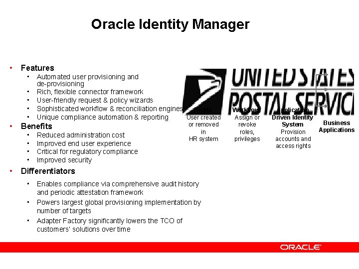 Oracle Identity Manager • Features • Automated user provisioning and de-provisioning • Rich, flexible Oracle Identity Manager • Features • Automated user provisioning and de-provisioning • Rich, flexible