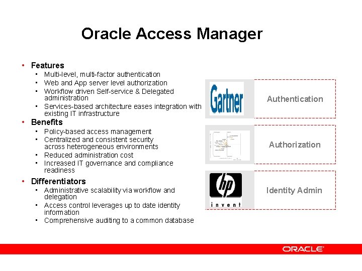 Oracle Access Manager • Features • Multi-level, multi-factor authentication • Web and App server Oracle Access Manager • Features • Multi-level, multi-factor authentication • Web and App server