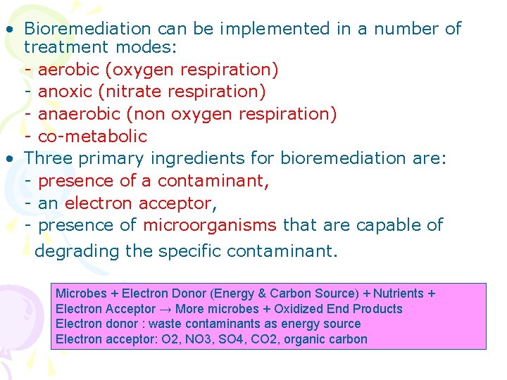 • Bioremediation can be implemented in a number of treatment modes: - aerobic • Bioremediation can be implemented in a number of treatment modes: - aerobic