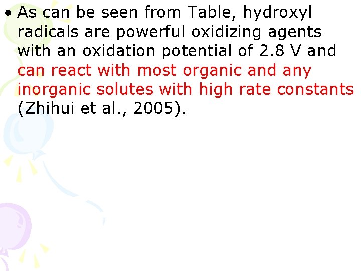 • As can be seen from Table, hydroxyl radicals are powerful oxidizing agents • As can be seen from Table, hydroxyl radicals are powerful oxidizing agents