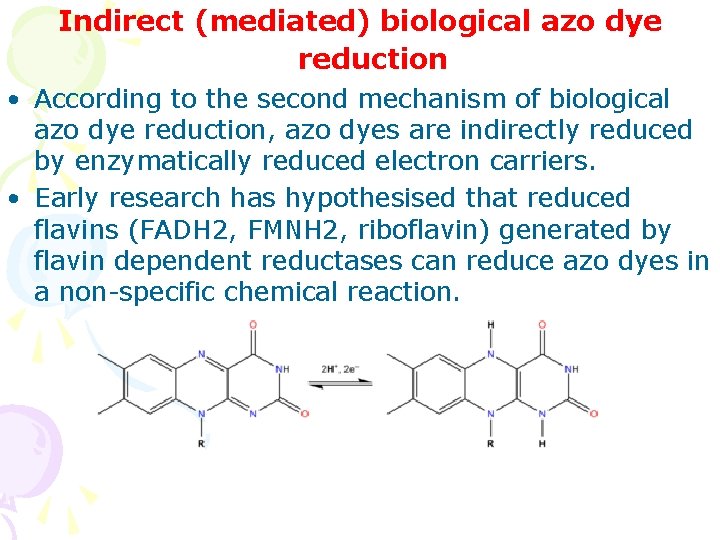 Indirect (mediated) biological azo dye reduction • According to the second mechanism of biological Indirect (mediated) biological azo dye reduction • According to the second mechanism of biological