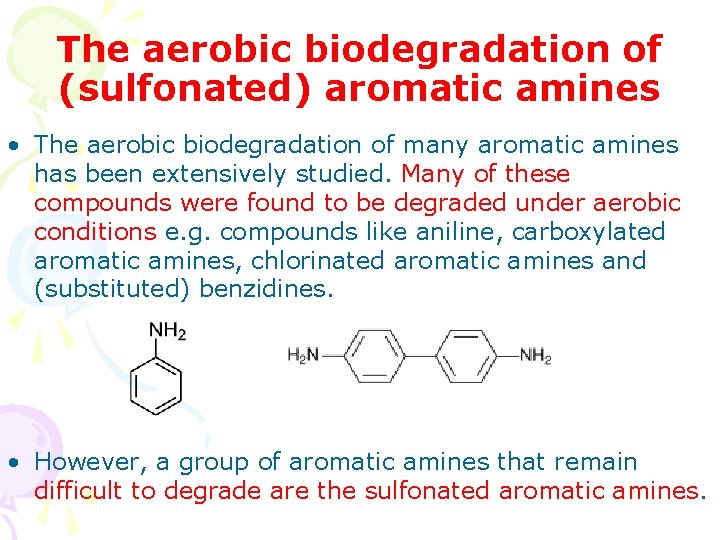 The aerobic biodegradation of (sulfonated) aromatic amines • The aerobic biodegradation of many aromatic The aerobic biodegradation of (sulfonated) aromatic amines • The aerobic biodegradation of many aromatic