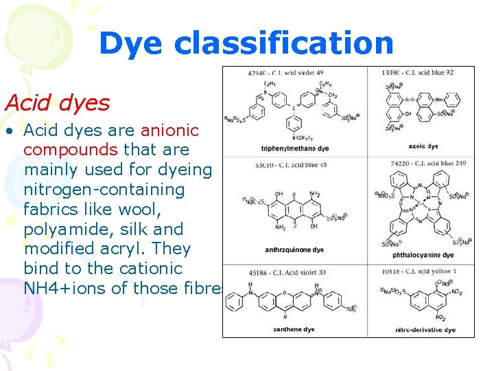 Dye classification Acid dyes • Acid dyes are anionic compounds that are mainly used Dye classification Acid dyes • Acid dyes are anionic compounds that are mainly used