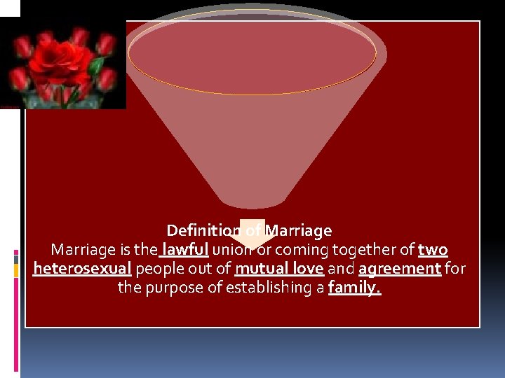 Definition of Marriage is the lawful union or coming together of two heterosexual people