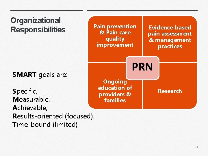 Organizational Responsibilities Pain prevention & Pain care quality improvement SMART goals are: Specific, Measurable,