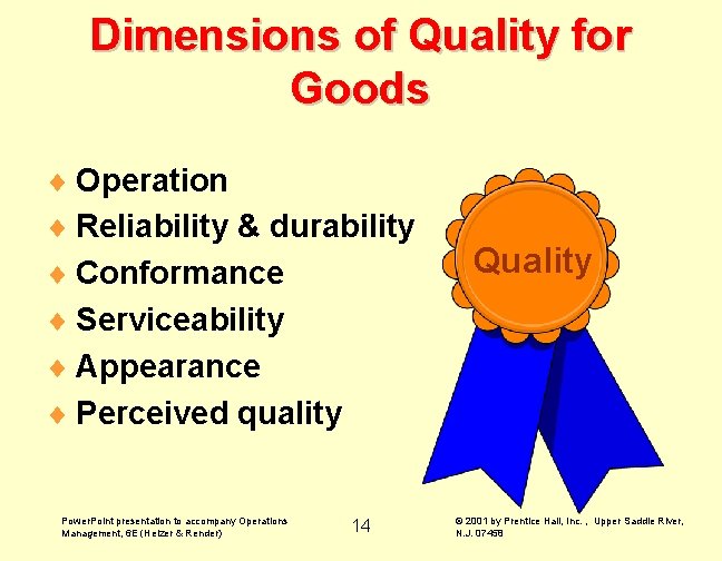 Dimensions of Quality for Goods ¨ Operation ¨ Reliability & durability ¨ Conformance ¨