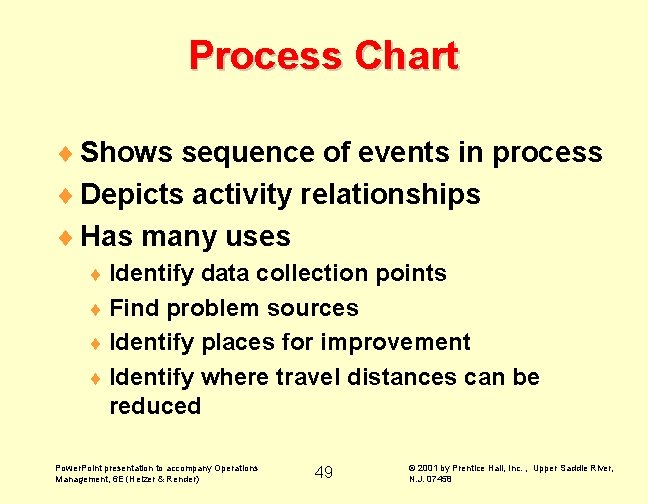 Process Chart ¨ Shows sequence of events in process ¨ Depicts activity relationships ¨