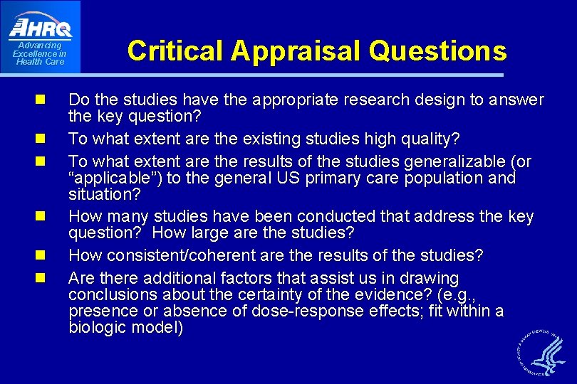 Advancing Excellence in Health Care n n n Critical Appraisal Questions Do the studies Advancing Excellence in Health Care n n n Critical Appraisal Questions Do the studies