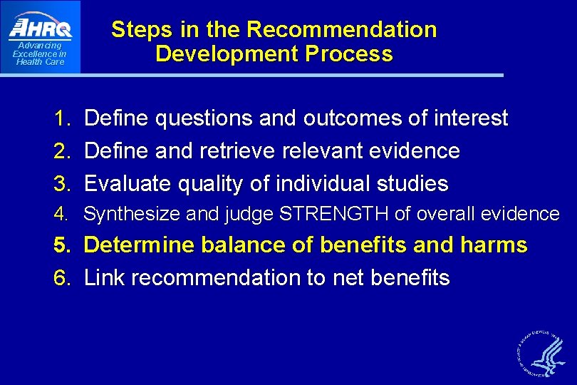 Advancing Excellence in Health Care 1. 2. 3. Steps in the Recommendation Development Process Advancing Excellence in Health Care 1. 2. 3. Steps in the Recommendation Development Process