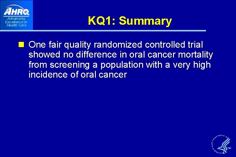 Advancing Excellence in Health Care KQ 1: Summary n One fair quality randomized controlled Advancing Excellence in Health Care KQ 1: Summary n One fair quality randomized controlled