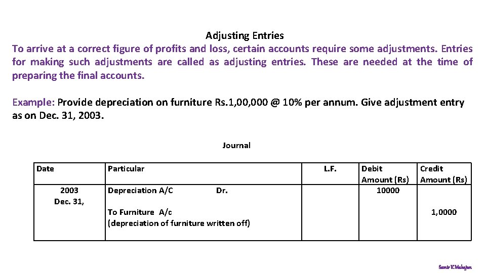  Adjusting Entries To arrive at a correct figure of profits and loss, certain