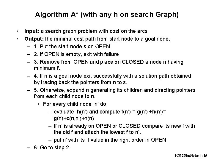 Algorithm A* (with any h on search Graph) • • Input: a search graph