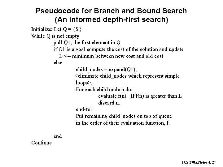 Pseudocode for Branch and Bound Search (An informed depth-first search) Initialize: Let Q =