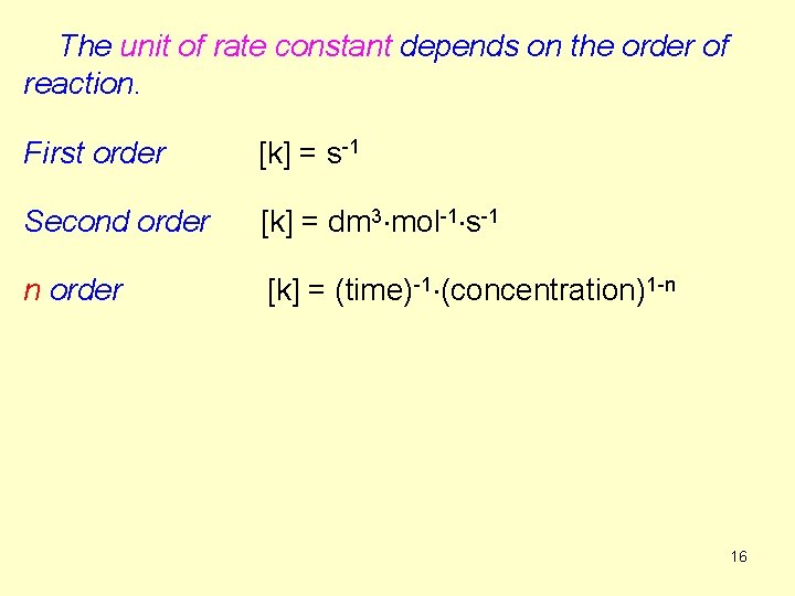 The unit of rate constant depends on the order of reaction. First order [k]