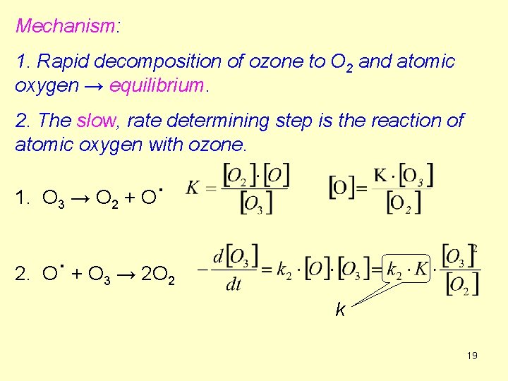 Mechanism: 1. Rapid decomposition of ozone to O 2 and atomic oxygen → equilibrium.