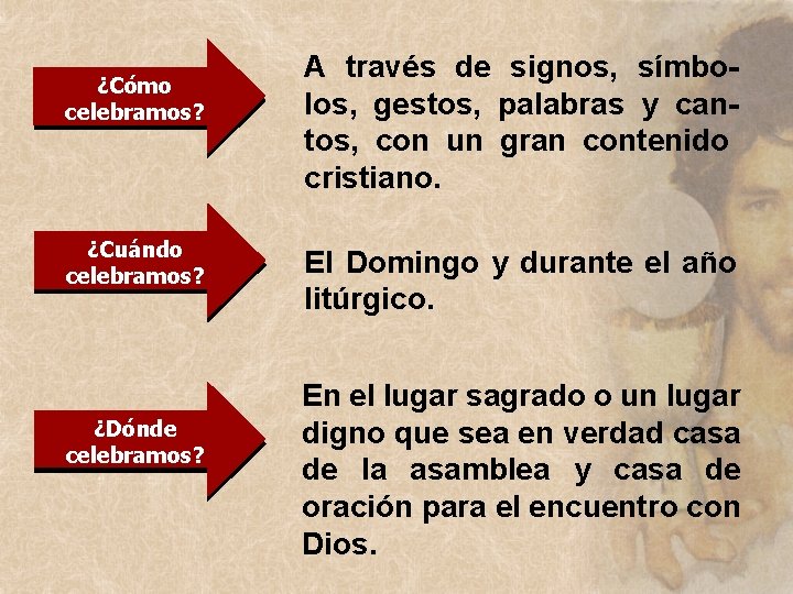 ¿Cómo celebramos? ¿Cuándo ¿Cómo celebramos? ¿Dónde ¿Cómo celebramos? A través de signos, símbolos, gestos, ¿Cómo celebramos? ¿Cuándo ¿Cómo celebramos? ¿Dónde ¿Cómo celebramos? A través de signos, símbolos, gestos,