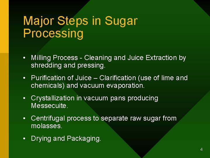 Major Steps in Sugar Processing • Milling Process - Cleaning and Juice Extraction by