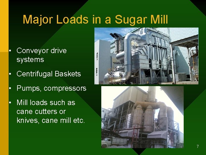 Major Loads in a Sugar Mill • Conveyor drive systems • Centrifugal Baskets •