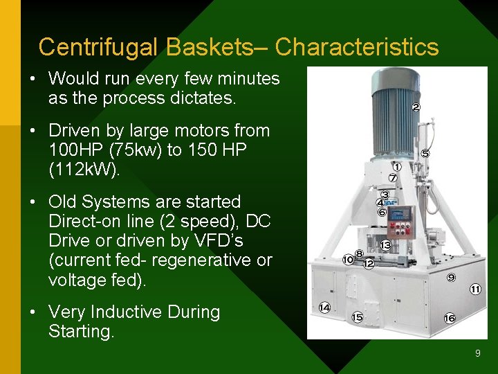 Centrifugal Baskets– Characteristics • Would run every few minutes as the process dictates. •