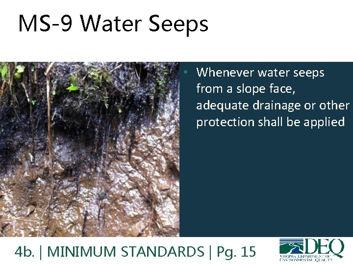 MS-9 Water Seeps • Whenever water seeps from a slope face, adequate drainage or
