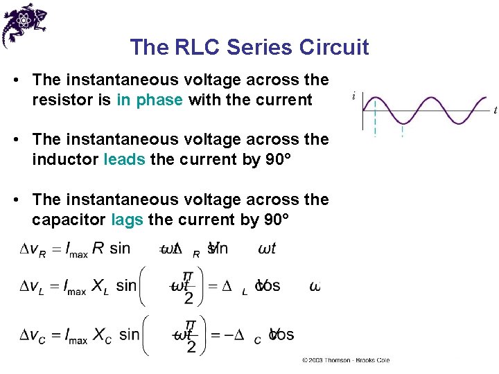 The RLC Series Circuit • The instantaneous voltage across the resistor is in phase