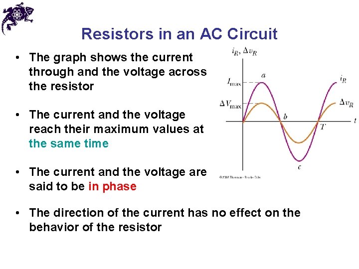 Resistors in an AC Circuit • The graph shows the current through and the