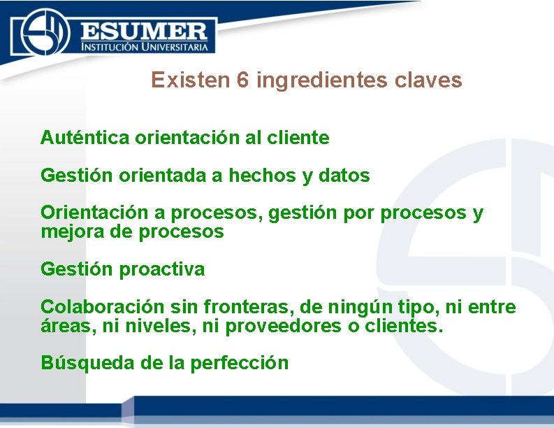 Existen 6 ingredientes claves Auténtica orientación al cliente Gestión orientada a hechos y datos Existen 6 ingredientes claves Auténtica orientación al cliente Gestión orientada a hechos y datos