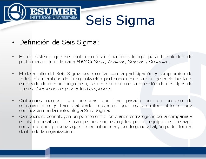 Seis Sigma • Definición de Seis Sigma: • Es un sistema que se centra Seis Sigma • Definición de Seis Sigma: • Es un sistema que se centra