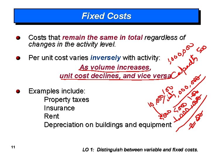 Fixed Costs that remain the same in total regardless of changes in the activity