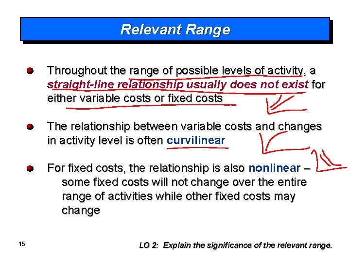 Relevant Range Throughout the range of possible levels of activity, a straight-line relationship usually