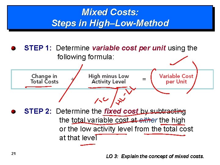 Mixed Costs: Steps in High–Low-Method STEP 1: Determine variable cost per unit using the