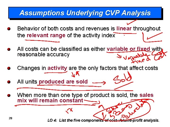 Assumptions Underlying CVP Analysis Behavior of both costs and revenues is linear throughout the