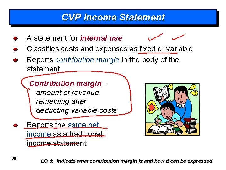 CVP Income Statement A statement for internal use Classifies costs and expenses as fixed