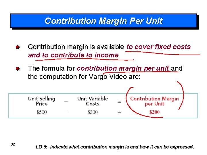 Contribution Margin Per Unit Contribution margin is available to cover fixed costs and to