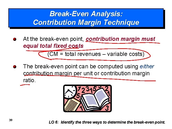 Break-Even Analysis: Contribution Margin Technique At the break-even point, contribution margin must equal total