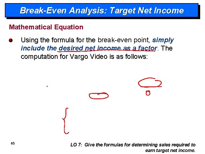 Break-Even Analysis: Target Net Income Mathematical Equation Using the formula for the break-even point,