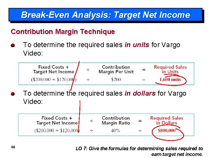 Break-Even Analysis: Target Net Income Contribution Margin Technique To determine the required sales in