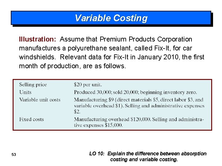 Variable Costing Illustration: Assume that Premium Products Corporation manufactures a polyurethane sealant, called Fix-It,