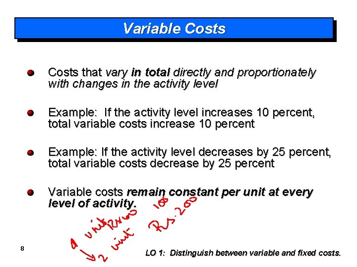 Variable Costs that vary in total directly and proportionately with changes in the activity