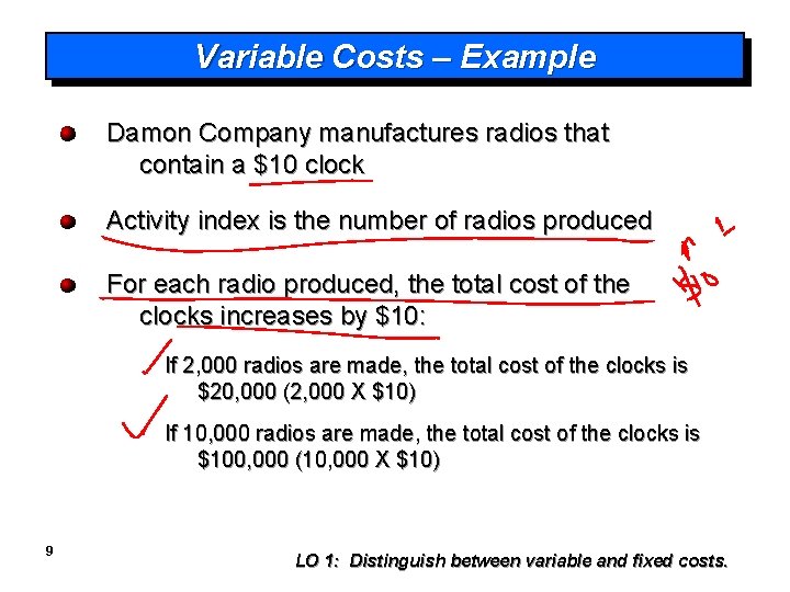Variable Costs – Example Damon Company manufactures radios that contain a $10 clock Activity