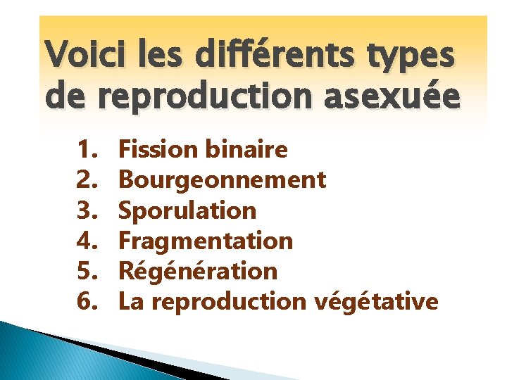 Voici les différents types de reproduction asexuée 1. 2. 3. 4. 5. 6. Fission
