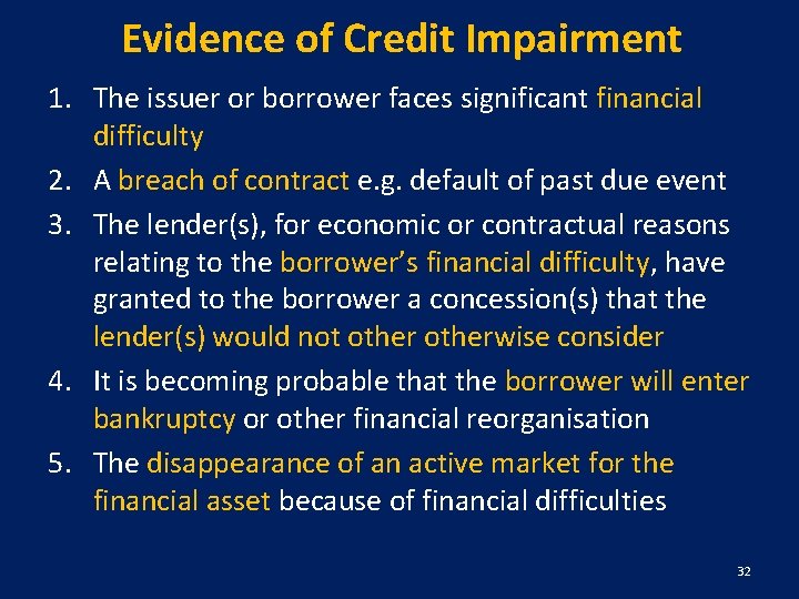 Evidence of Credit Impairment 1. The issuer or borrower faces significant financial difficulty 2.
