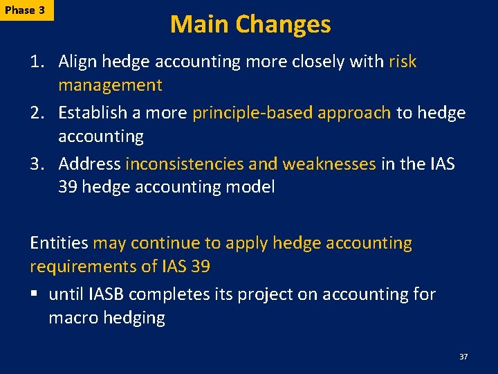 Phase 3 Main Changes 1. Align hedge accounting more closely with risk management 2.