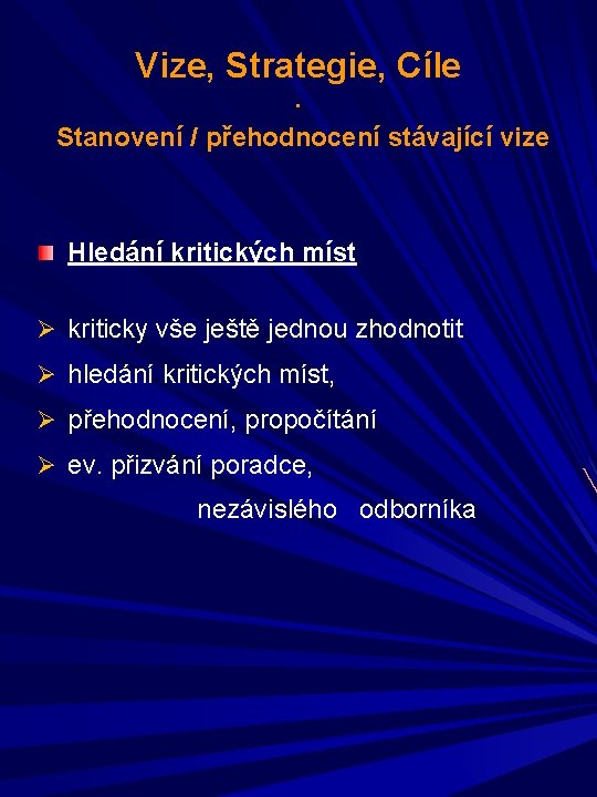 Vize, Strategie, Cíle. Stanovení / přehodnocení stávající vize Hledání kritických míst Ø kriticky vše