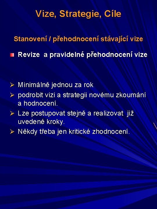 Vize, Strategie, Cíle Stanovení / přehodnocení stávající vize Revize a pravidelné přehodnocení vize Ø