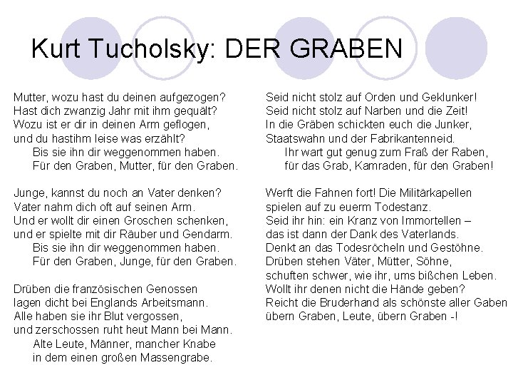 Kurt Tucholsky: DER GRABEN Mutter, wozu hast du deinen aufgezogen? Hast dich zwanzig Jahr